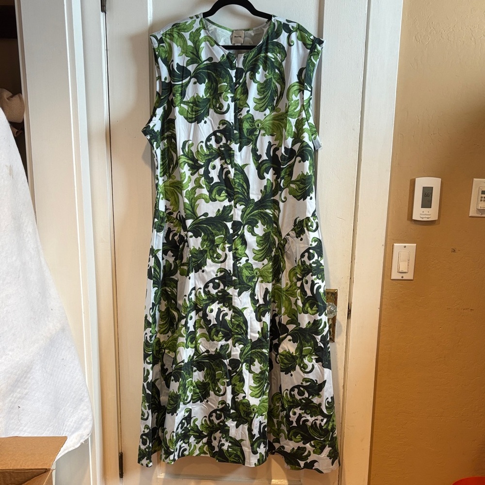 Maeve White Midi Dress with Green Scroll Print